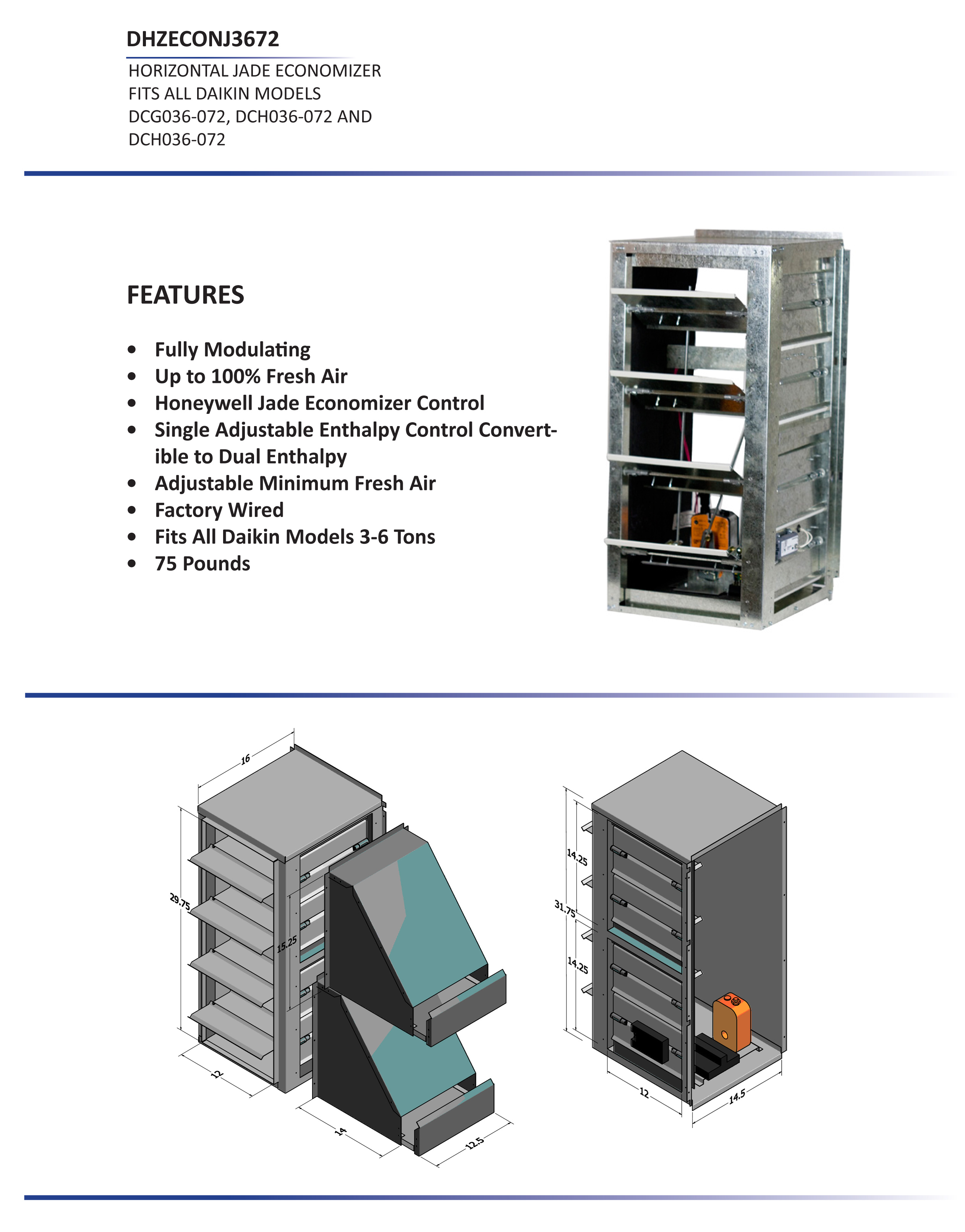 3-6 Ton Daikin Horizontal Economizer DCC, DCG, DCH, DSC, DSG, DSH Models  DHZECNJ3672